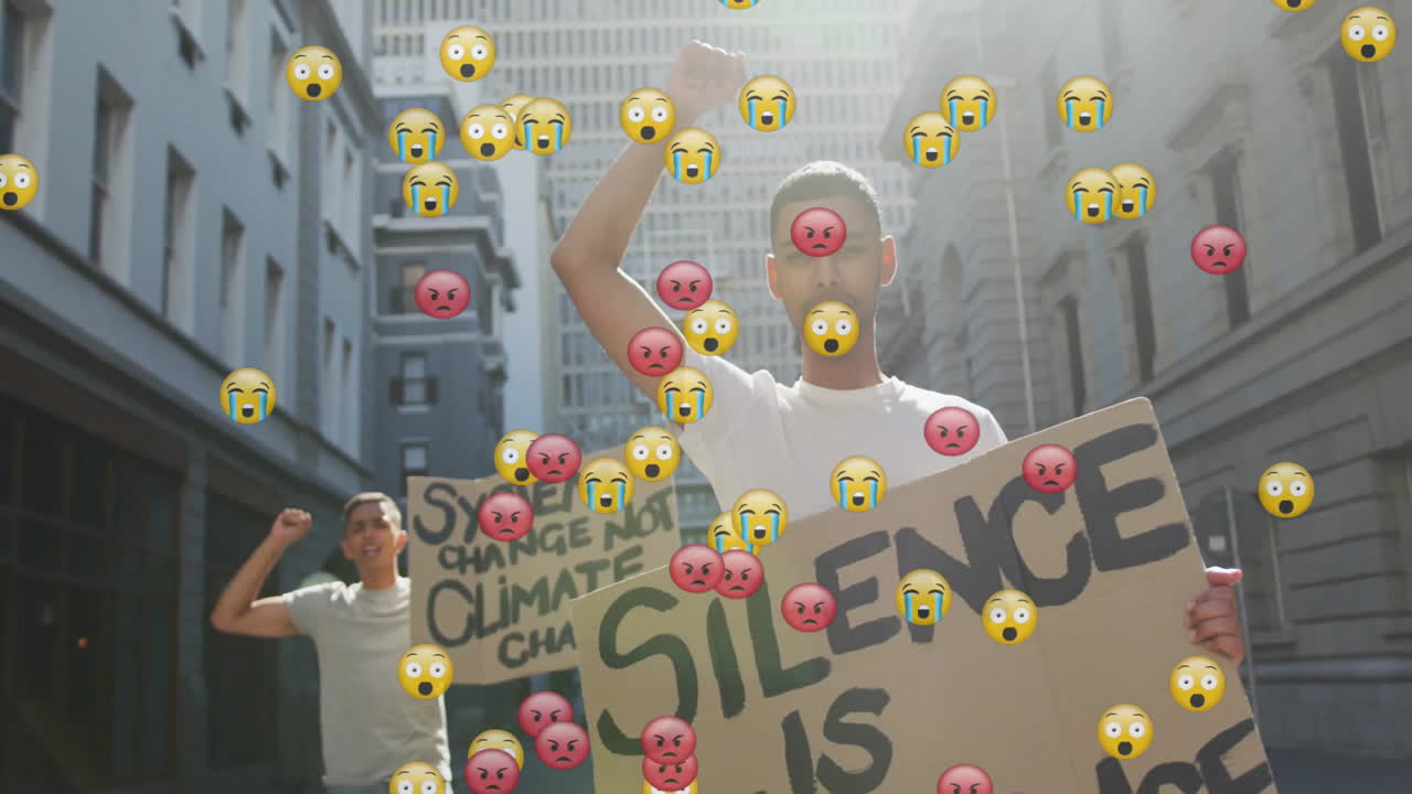 Animation of media icons over biracial men with signs protesting