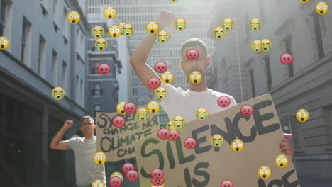 animation of media icons over biracial men with signs protesting