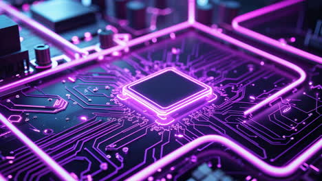 neon pink illuminated circuit board with microchip