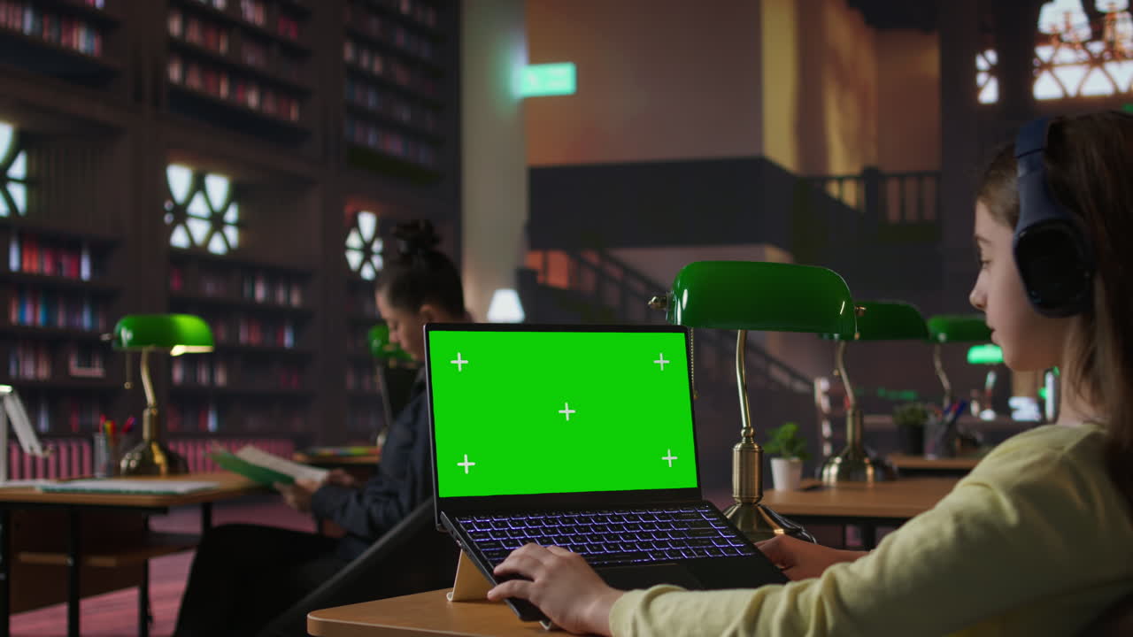 chica estudiando en una computadora portátil en la biblioteca con pantalla verde