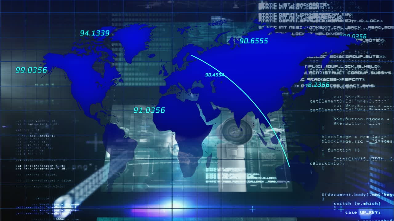 검은색 배경에 데이터 처리를 통해 세계 지도의 애니메이션