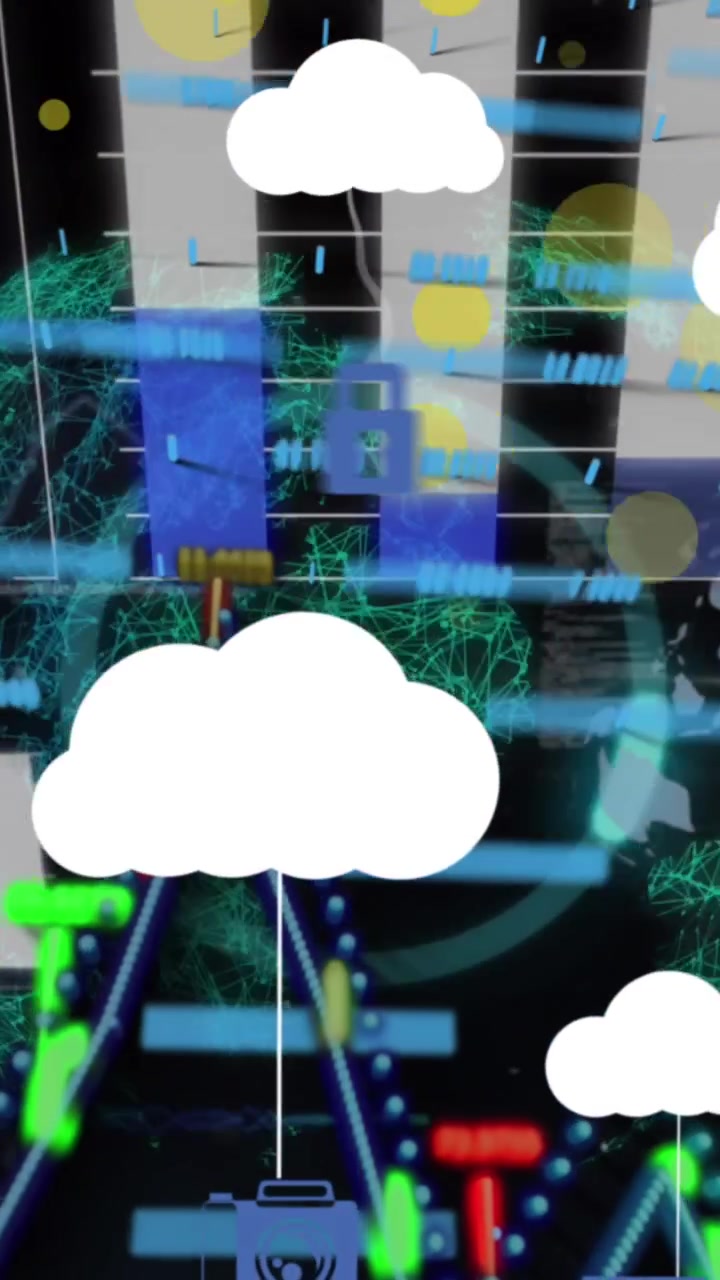 Animation of cloud icons and data processing over globe on black background