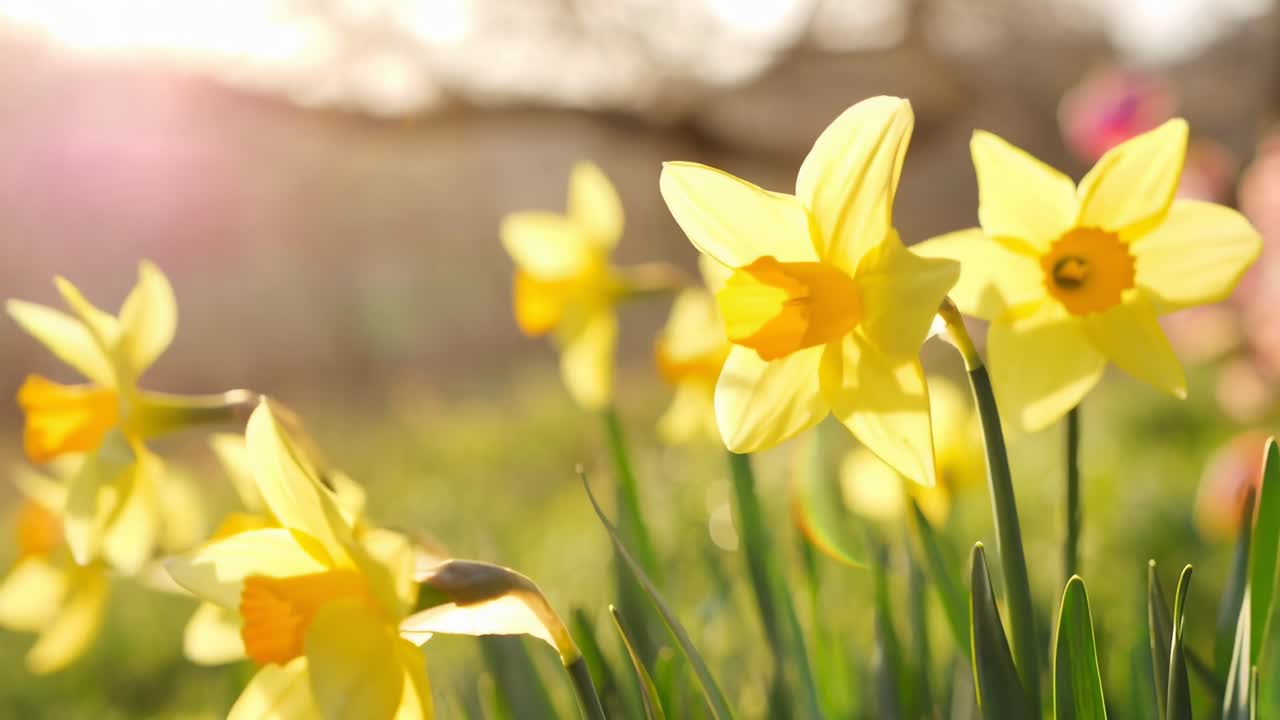 Close-up video of vibrant yellow daffodils in sunlight, captured from a low angle