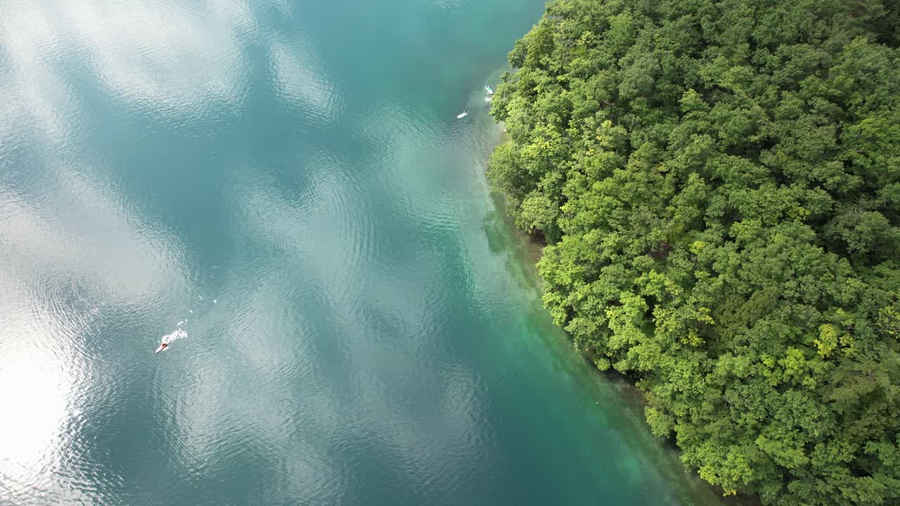 Crystal Clear Waters Of Lake Aoki In Omachi City, Nagano Prefecture, Japan. Aerial Topdown Shot