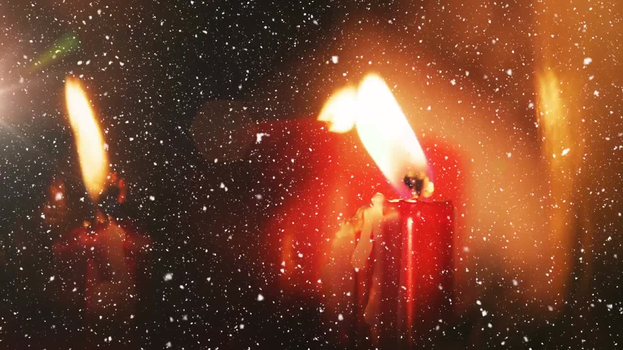 Animation von brennenden Kerzen und fallendem Schnee auf rotem Hintergrund
