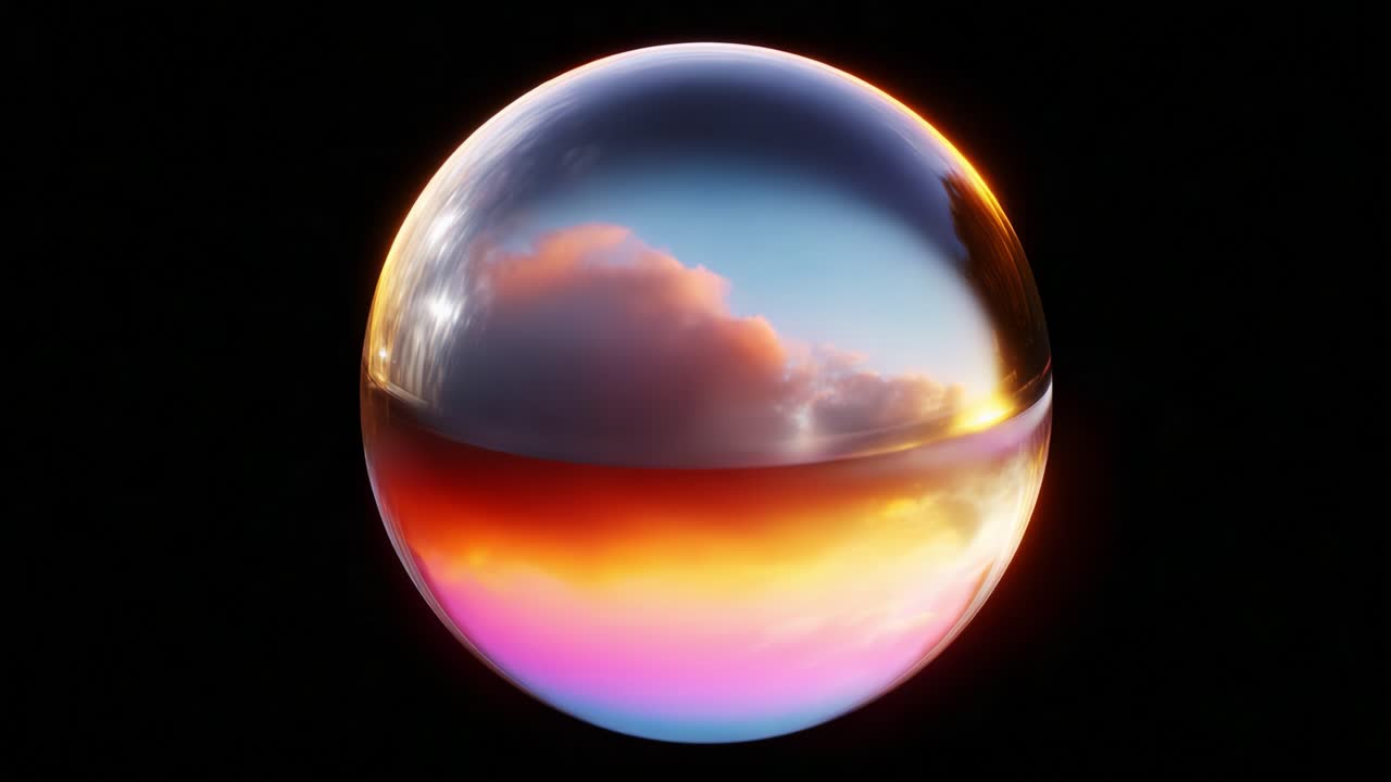 A Stunning Glass Sphere Reflecting a Beautiful Sunset Sky with Vibrant Colors and Soft Clouds, Creating a Dreamlike Visual Experience in an Artistic Presentation