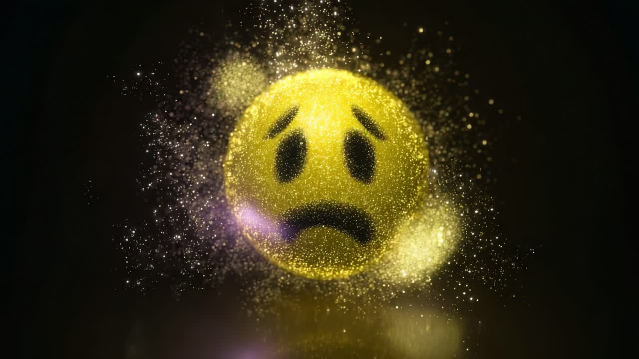 A visual representation of sadness depicted through a glowing yellow emoji with a frowning expression, surrounded by a captivating sparkly background that enhances its emotional impact