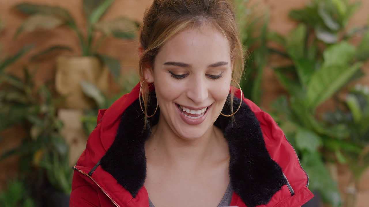 retrato de una joven elegante usando un teléfono inteligente enviando mensajes de texto leyendo mensajes disfrutando de la comunicación móvil en línea sonriendo satisfacción cámara lenta