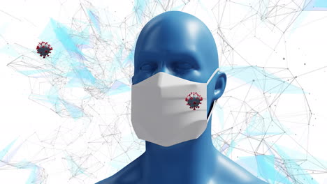 animation of covid 19 cells floating over human head wearing face mask