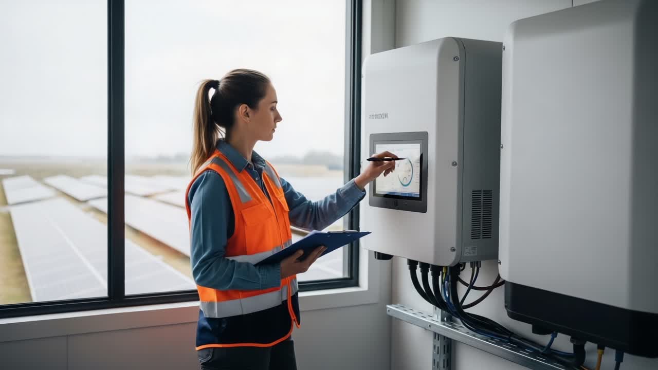 A focused technician interacts with advanced solar energy management systems, showcasing the pivotal role of technology in renewable energy monitoring and efficiency