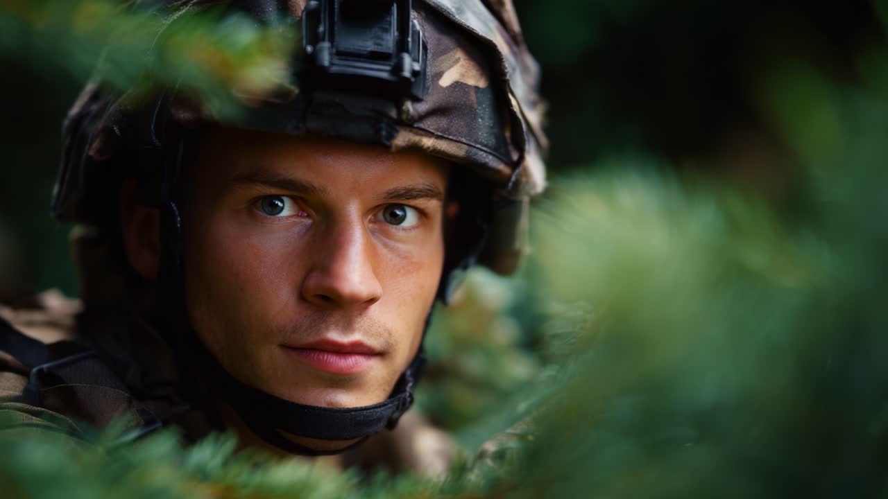 Focused Soldier Camouflaged in Dense Greenery, Capturing the Essence of Military Vigilance and Preparedness in Nature's Surroundings