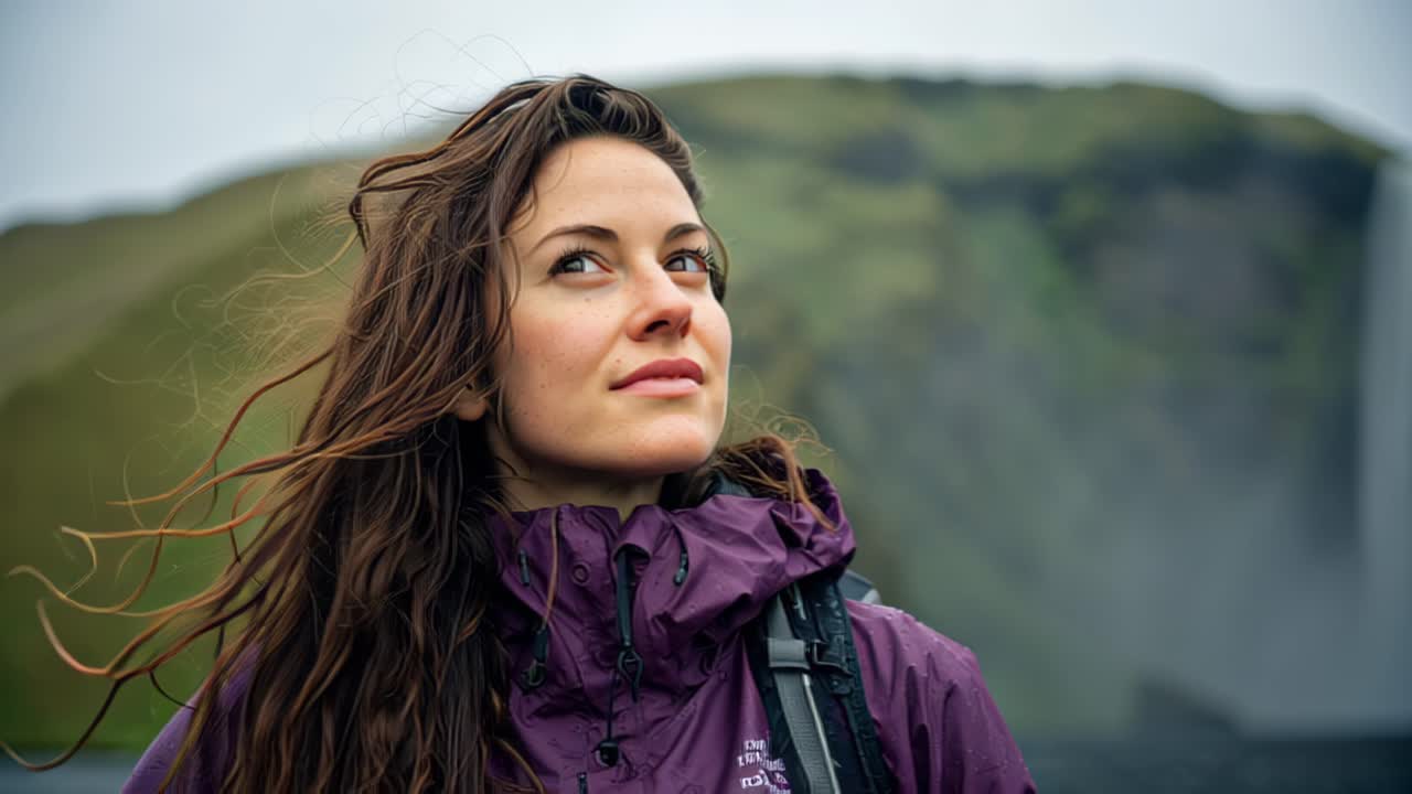 Close-up footage of a young woman with backpack and rain jacket looking up in the wind, standing outdoors in a green mountain landscape, travel and adventure concept