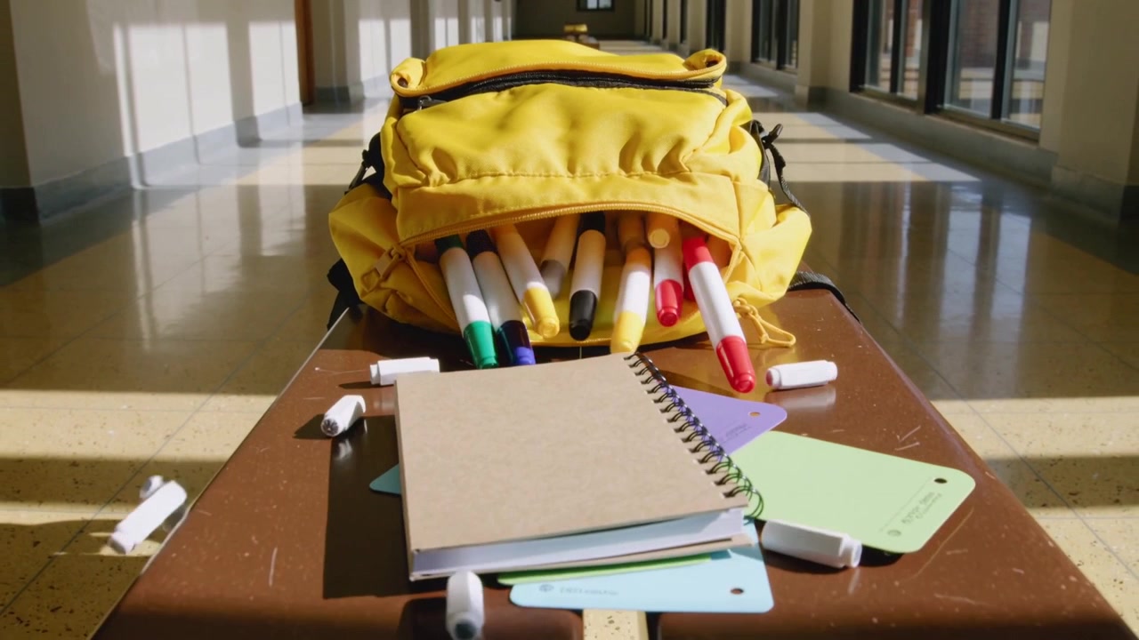 Zipper slipping, yellow backpack unzipping and spilling markers and notebook on bench in corridor