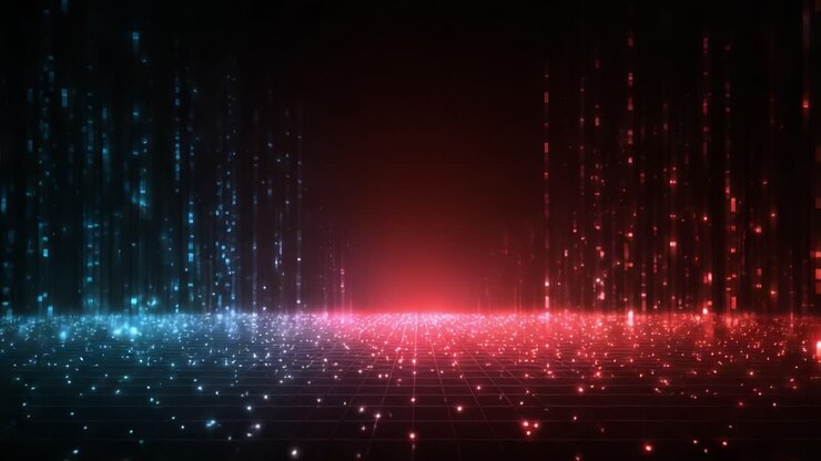 A Stunning Visualization of a Digital Landscape Featuring Dynamic Blue and Red Particles Creating a Mesmerizing Depth Effect in a Futuristic Environment