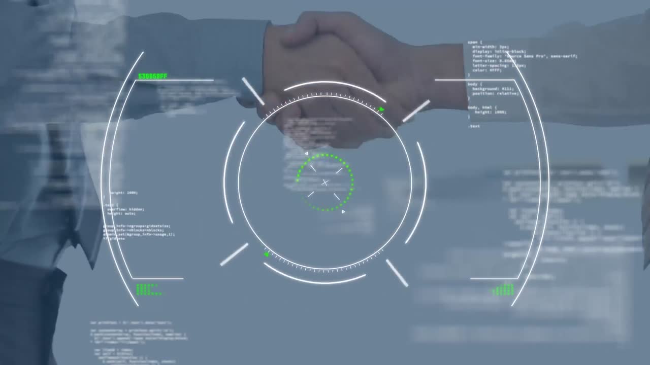 데이터 처리 및 범위 스캐닝 비즈니스맨과 비즈니스맨의 중간 섹션에서 손을 흔들고