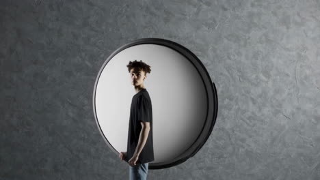 young man with curly hair in a circular frame