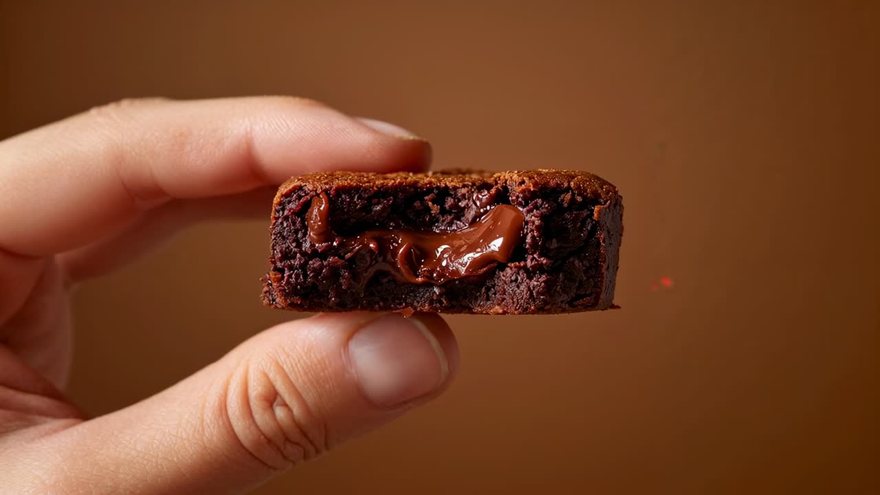 Inquadratura a sinistra, mano di adulto che tiene un brownie su sfondo da studio con un punto rosso, che mette in mostra il centro fuso