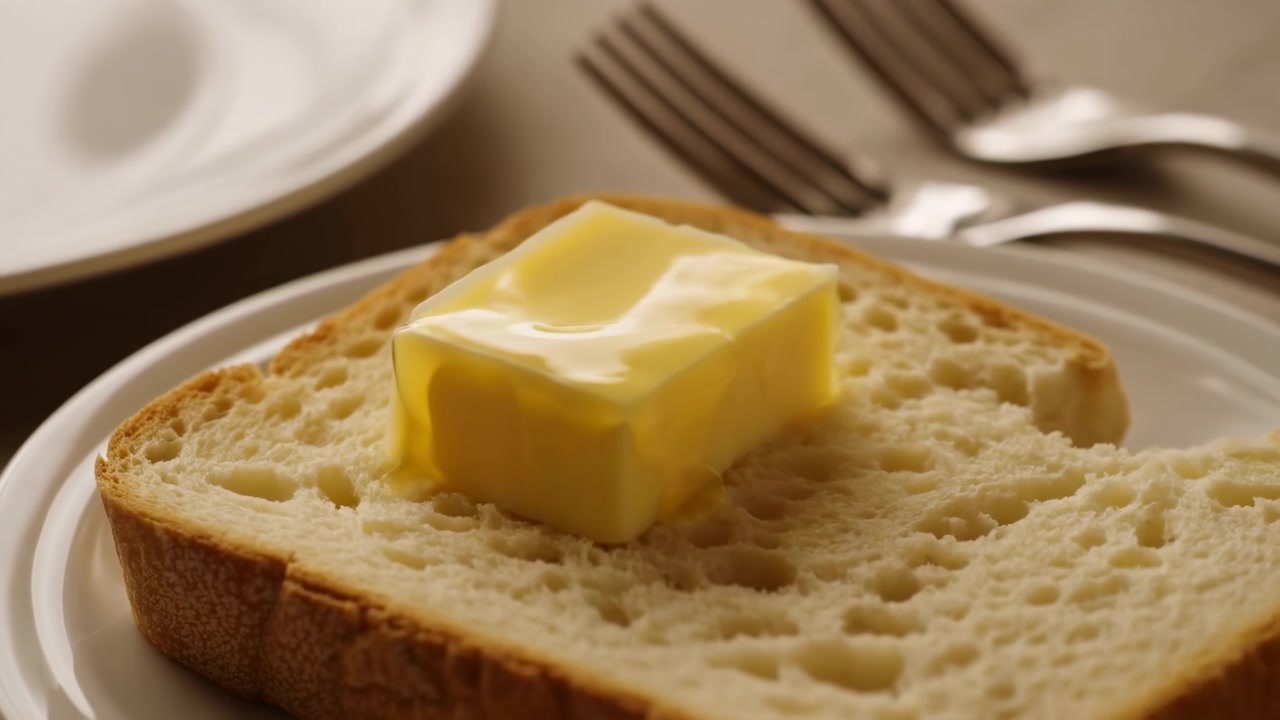 Butter Cube Melting On Bread, Soft Pat Resting On Thick Slice Of Crusty White Bread, Porcelain Plate And Forks
