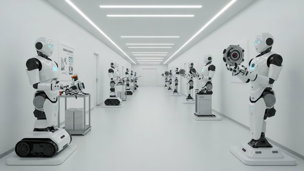 A Sleek Hallway Filled with Advanced Robots Showcasing Their Technology and Functions in a Futuristic Environment, Emphasizing Innovation and Robotics in Modern Society