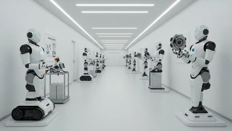 a sleek hallway filled with advanced robots showcasing their technology and functions in a futuristic environment, emphasizing innovation and robotics in modern society