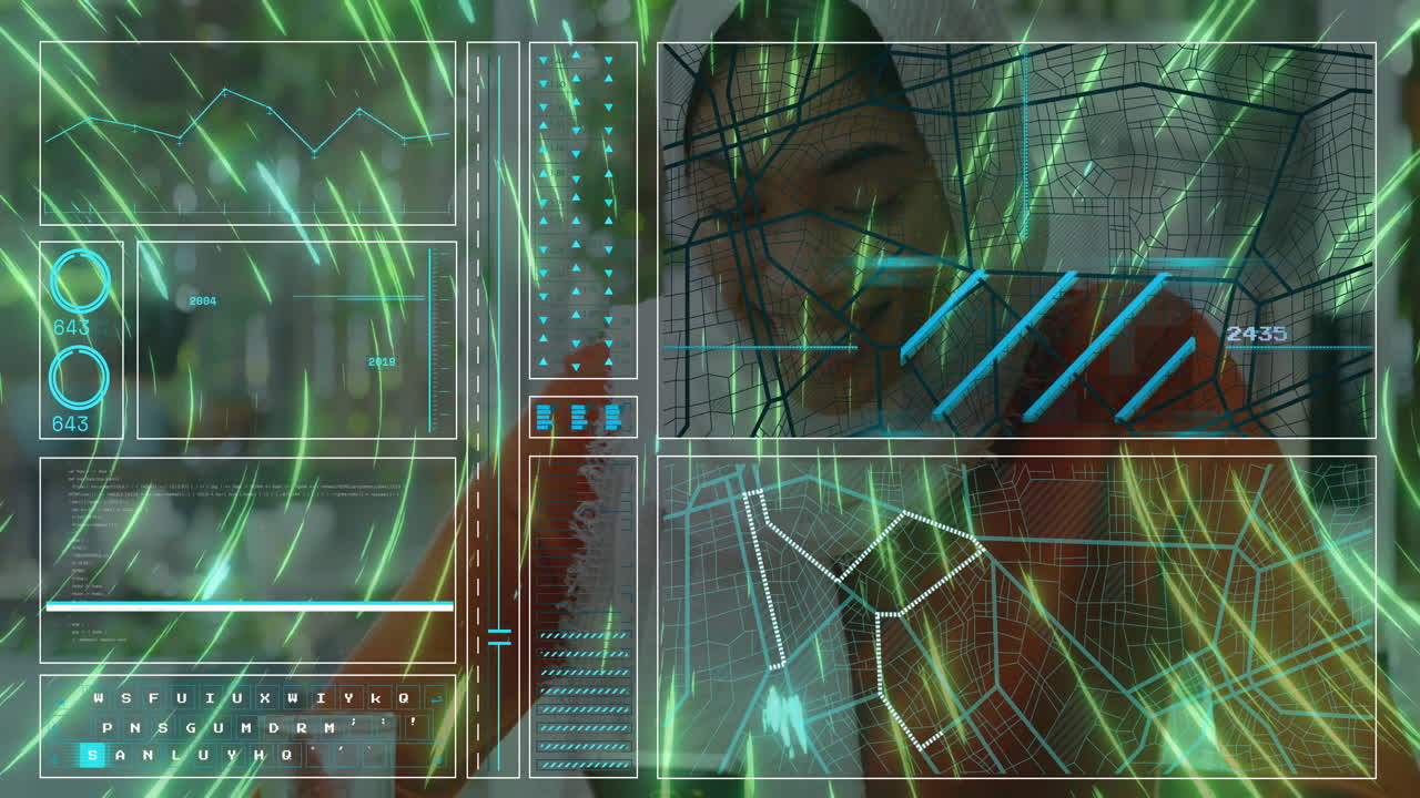 woman examining futuristic HUD panels in outdoor technology demo, showing line graphs, dials, code