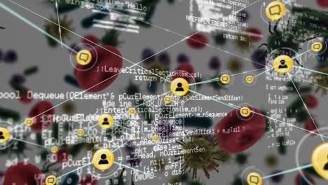 Network-of-profile-icons-and-data-processing-against-multiple-covid-19-cells-on-white-background