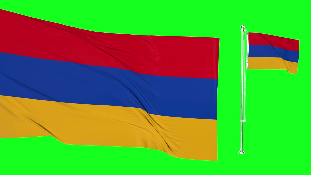 pantalla verde hiperrealista bucle de armenia dos banderas ondeando en el viento mástil de la bandera búlgara revoloteando con animación de textura de tela muy detallada clave de croma 3d