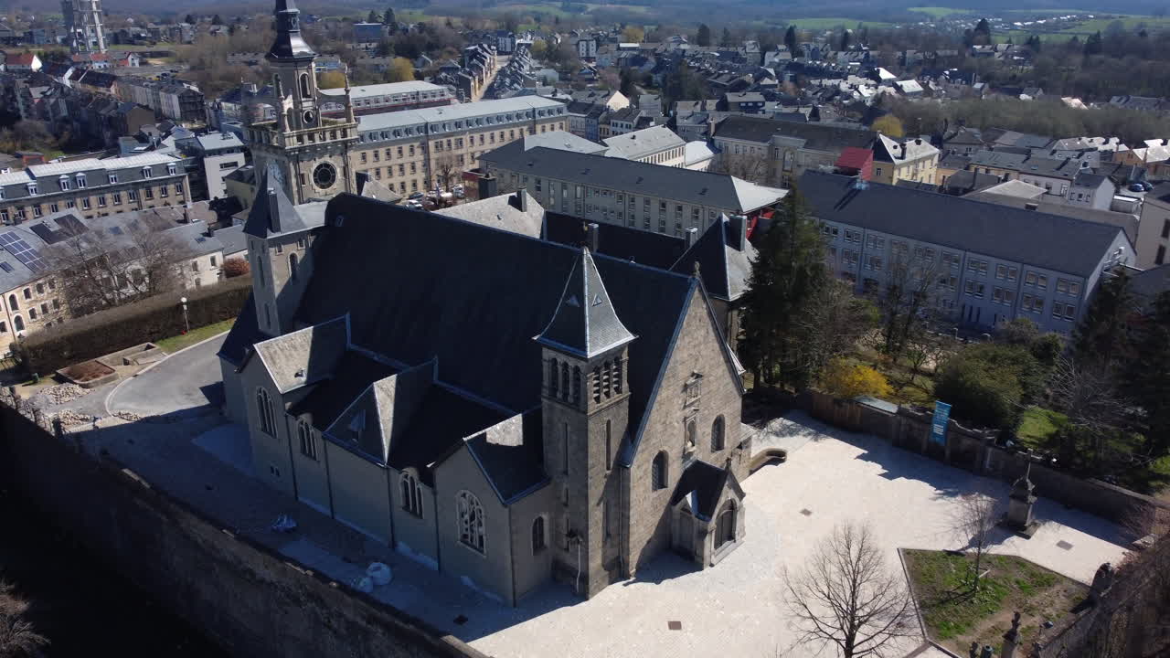 Aerial View of a Town with a Church in Europe