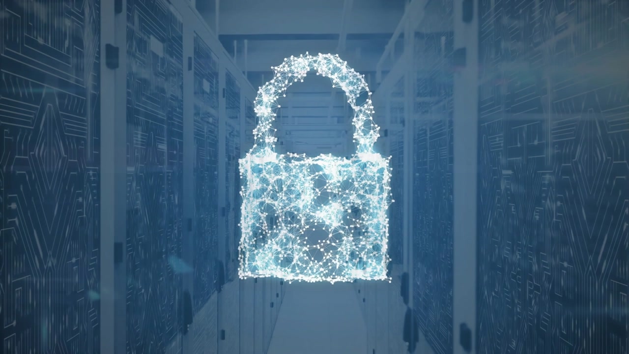 Glowing data points appearing, cloud icon forming, transforming into padlock showing data security