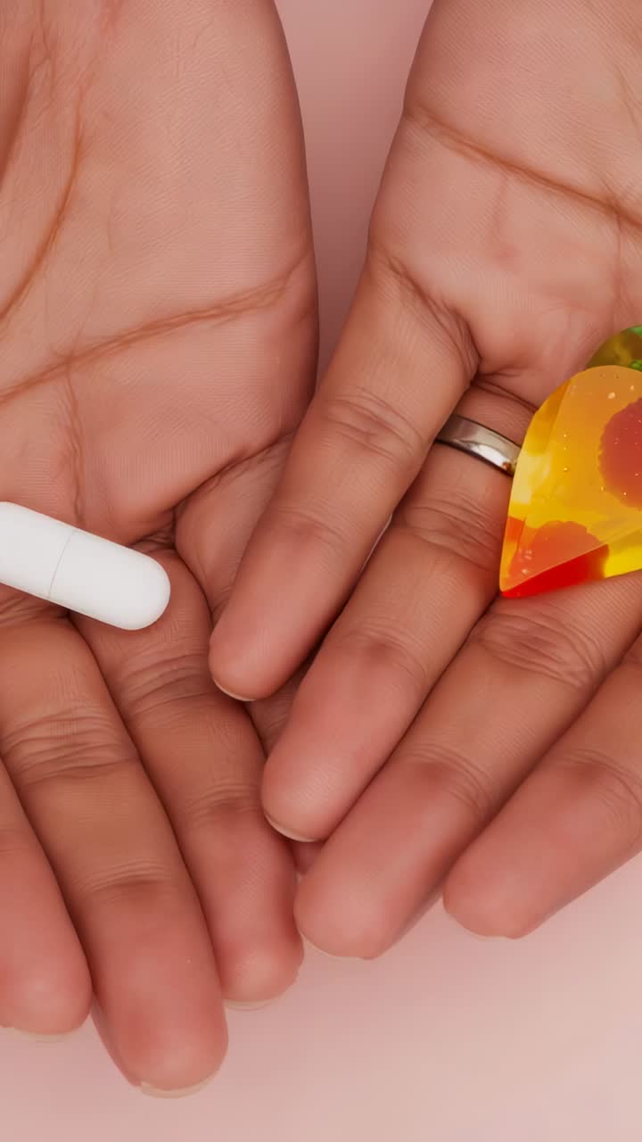Vertical video: Showing silver-ringed palms holding amber pick on pink mat white pen entering left