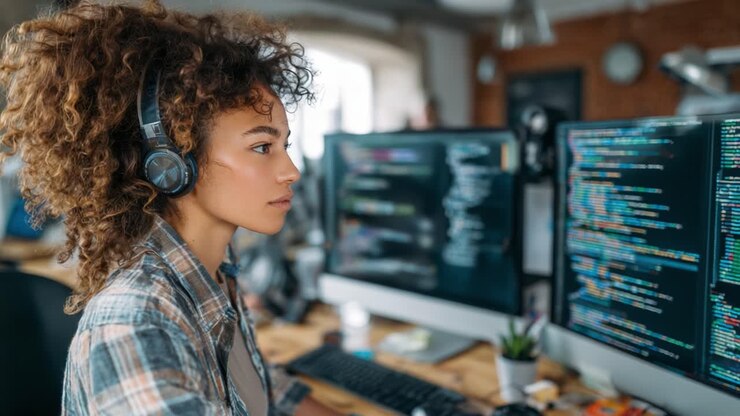 Fokuseret kvinde, der arbejder med kodning i sit kreative arbejdsområde, fordybet i programmeringsopgaver med flere skærme, der viser kodelinjer i et levende miljø.