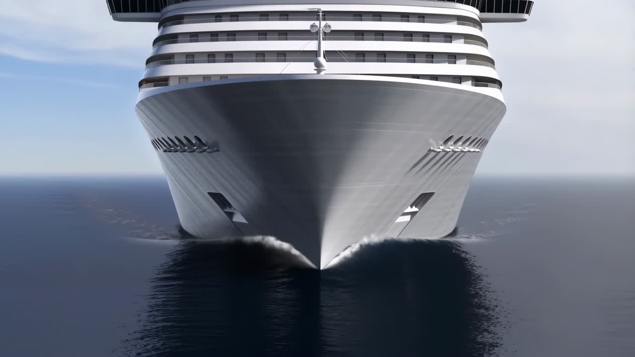Front view of a large cruise ship sailing on the ocean