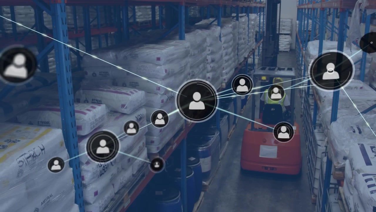 Animation of profile icons connected with lines and rearview of worker unloading goods with forklift