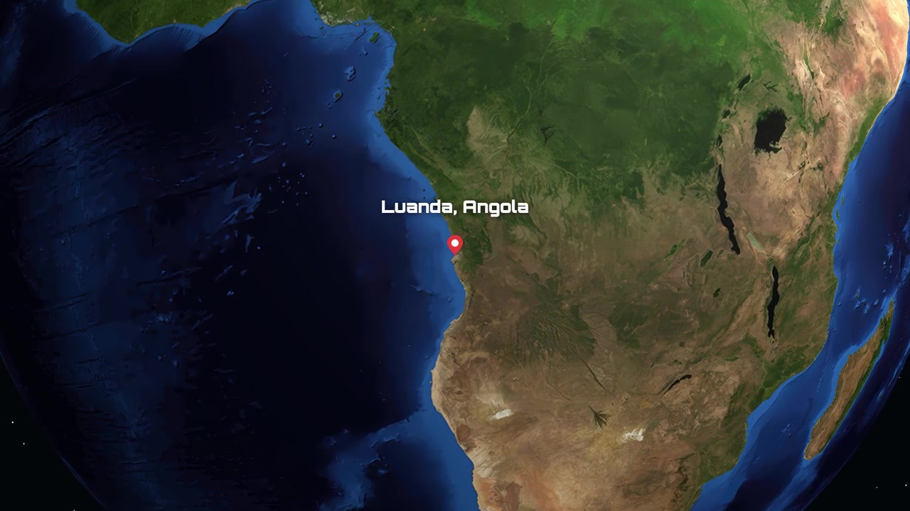 Uma animação digital aproxima-se do espaço profundo para uma vista detalhada de Luanda, Angola.