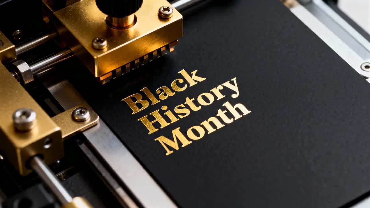 Aktivering af presse, der sænker guldhoved ned på sort kort i et studie og påfører Black History Month-folie