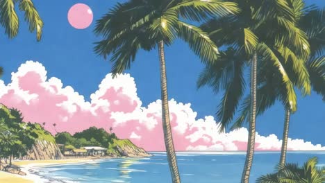 anime-style video still of a tropical beach with palm trees, pink clouds, and a serene ocean