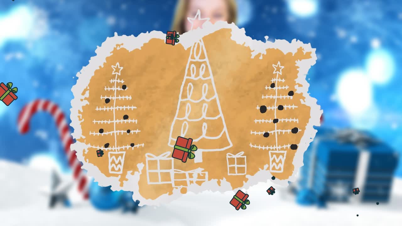 Animation of presents floating over winter landscape and christmas decorations