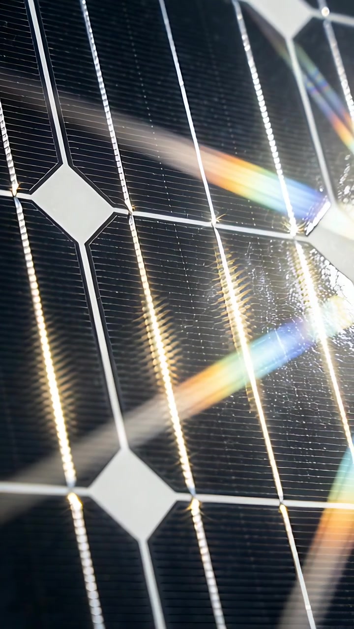 Video verticale: Sole che si sposta, creando bande prismatiche che si muovono su un pannello solare sul tetto con le sbarre collettrici.
