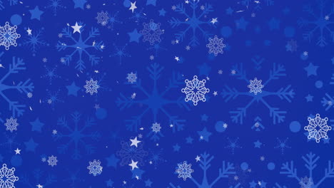 animation of christmas stars falling over snowflakes on blue background