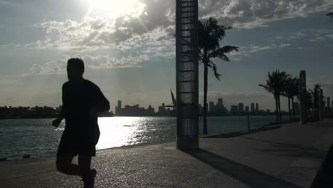 a man jogs by the mami skyline