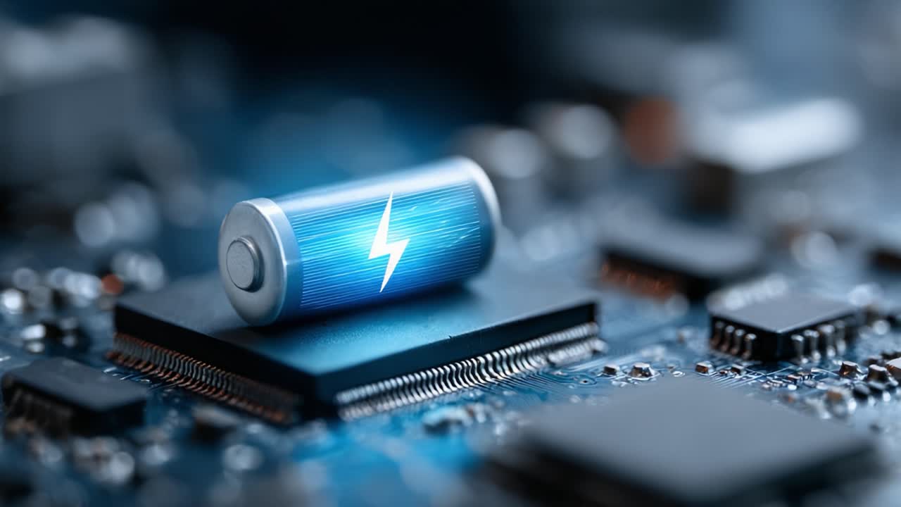 Una Batteria Futuristica che Alimenta una Scheda Elettronica: Esplorando l'Accumulo di Energia e i Progressi Tecnologici attraverso Design Innovativi nell'Elettronica Moderna