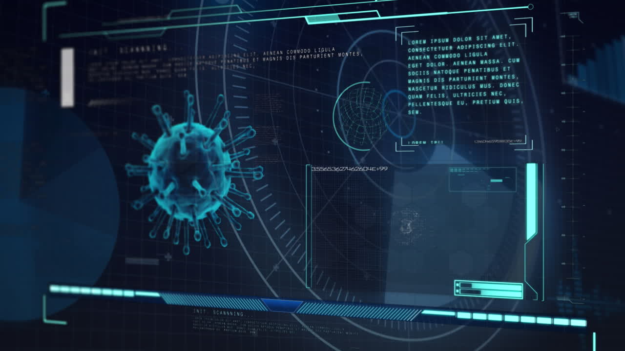 파란색 배경에서 바이러스 및 과학 데이터 처리의 애니메이션