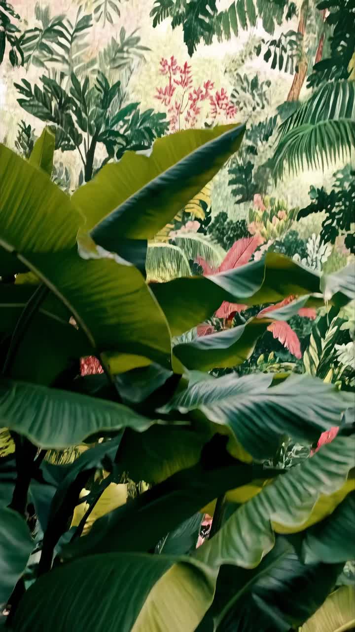 Lush tropical foliage captured from a low angle, creating an immersive jungle vibe