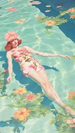 Aerial view of a woman in floral attire floating in a pool, surrounded by flowers