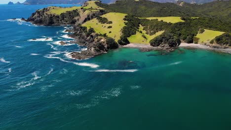 panorama of urupukapuka island surrounded by blue sea during summer in northland, new zealand