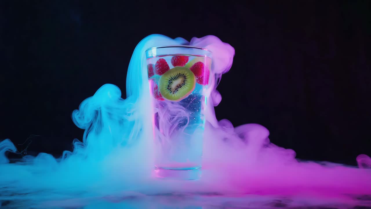 Bebida refrescante de frutas con humo de colores y luces de neón.