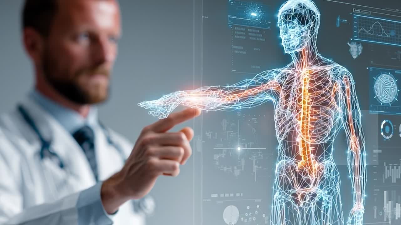 Doctor interacts with holographic human anatomy display in modern lab