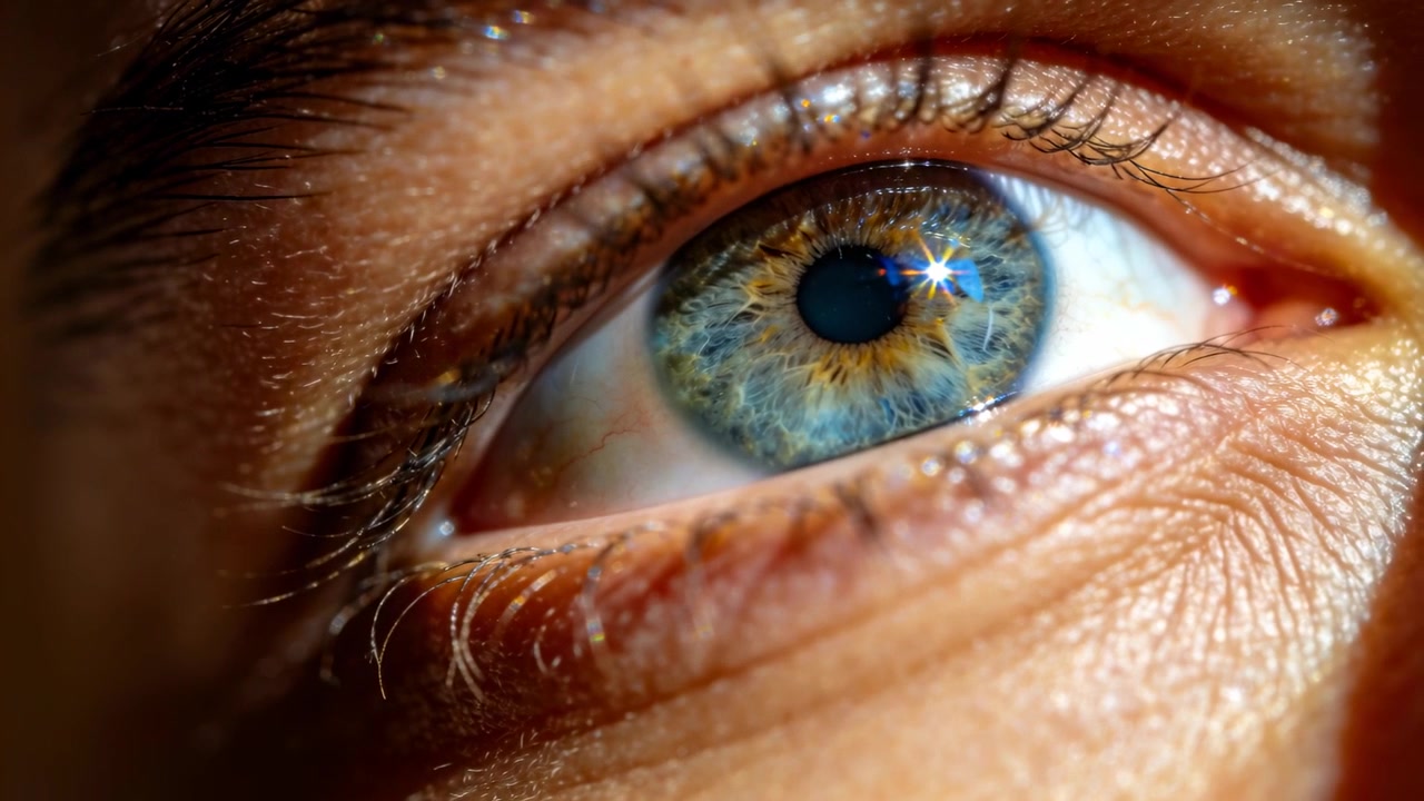 Eyelids retracting, single human eye revealing iris detail with specular highlight in studio
