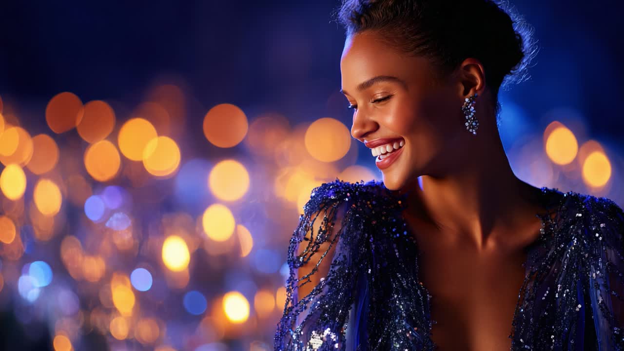 Un momento radioso catturato in un'atmosfera splendidamente illuminata, che mostra una donna gioiosa in abiti eleganti, circondata da luci scintillanti che evocano un senso di festa e glamour