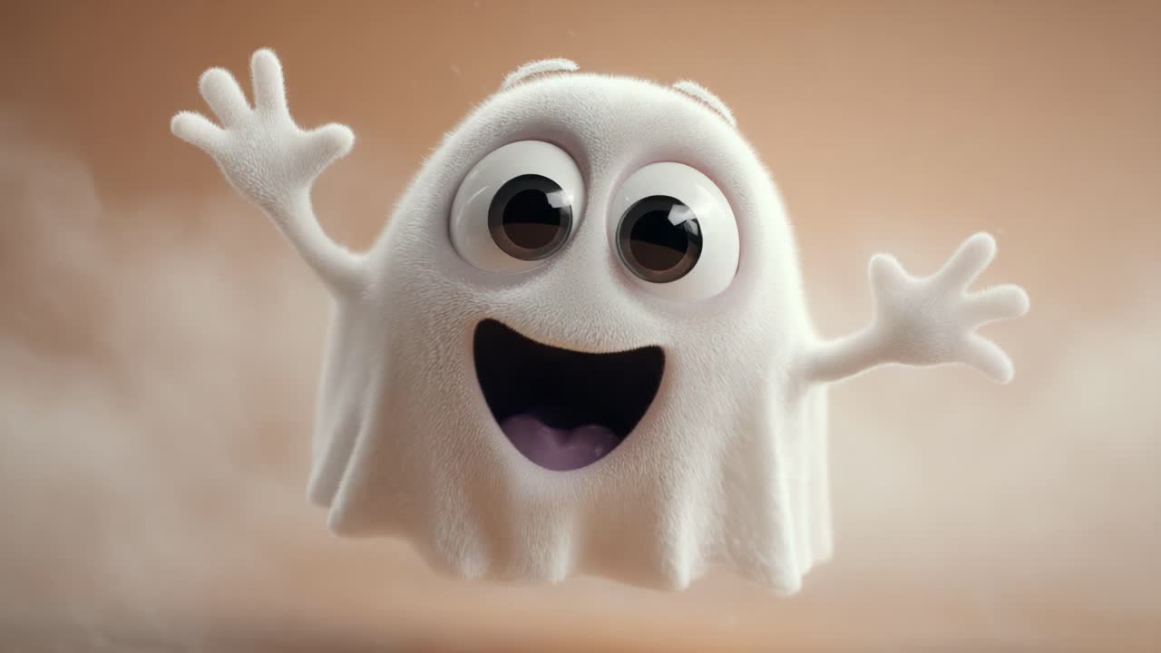 A cheerful and friendly ghost character joyfully floating in mid-air, exuding a sense of playful happiness and excitement in a whimsical, animated style